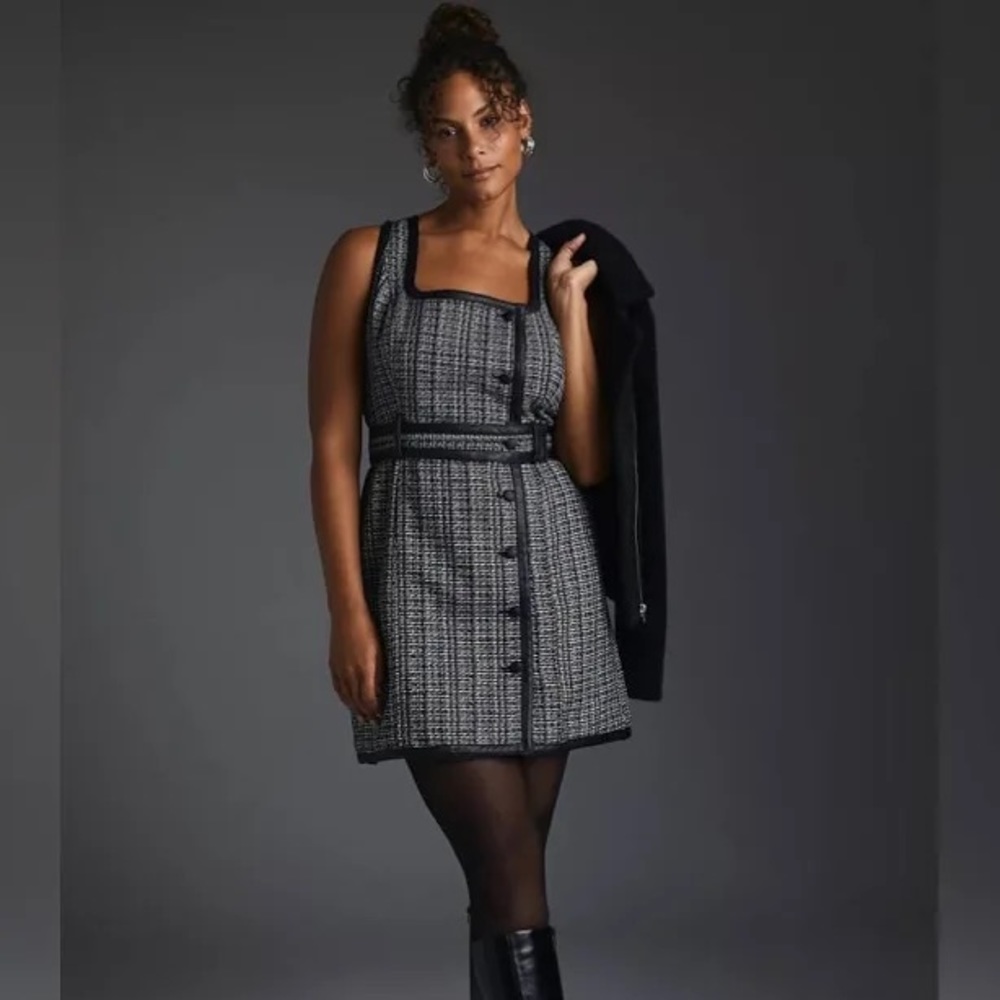 Maeve Anthropologie Faux Leather Trim Tweed Belted Mini Dress